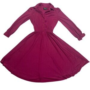 Gail Gray Women XS Long Sleeve Button Front Pleated Midi Dress Stretch Berry VTG
